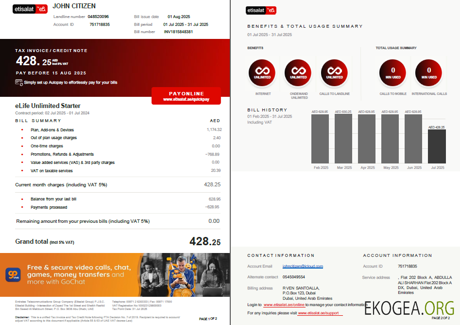 UAE Etisalat utility bill template in Word and PDF formats, 2 pages, version 3